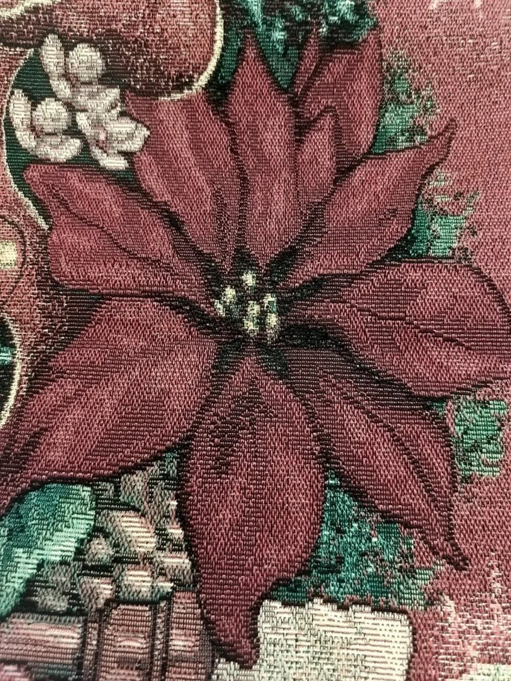 Vintage Christmas tapestry table runner featuring poinsettias 83